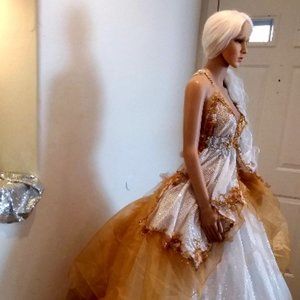 SAMPLE GOWN ONLY-ASHANTI White & Gold Sequin Boho Wedding Ballgown